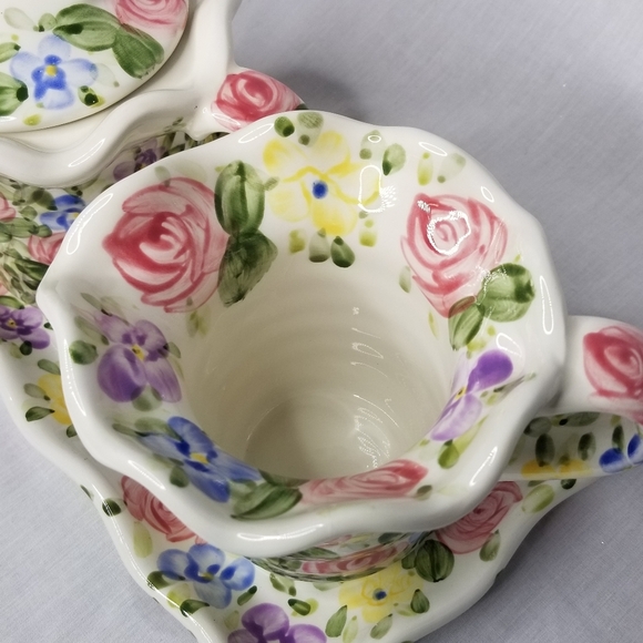 English Garden Creamer Sugar with Lid & Tray Set Tabletops Unlimited Don Swanson - Picture 5 of 13